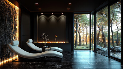 Poster - modern interior design featuring sleek lounge chairs minimalist setting. room is illuminated by warm lighting, with stunning view of nature through large glass windows. ambiance is tranquil