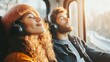© Lion - Young caucasian couple relaxing on train with headphones in sunlight