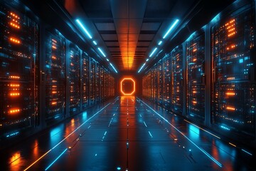 Wall Mural - futuristic data center hallway with server racks and glowing lights