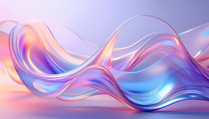 Poster - ethereal fluid wave with iridescent light reflections, abstract glass texture, pastel pink and blue hues, futuristic digital art

