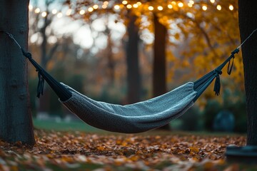 Wall Mural - Cozy hammock in tranquil autumn forest with warm twinkling lights