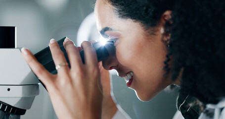 Aufkleber - Scientist, research and woman in lab, microscope and healthcare with vaccine development. Person, smile or employee with assessment for sample, chemistry equipment or medical innovation for treatment