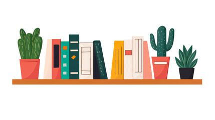 Bookshelves display books, potted plants on shelf, cut out transparent