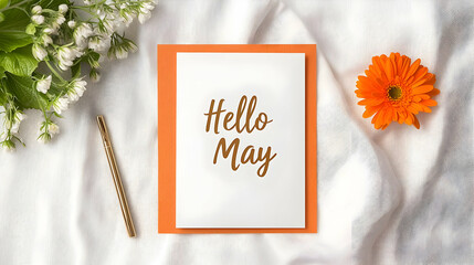  Greeting Card Mockup for May with Flower and Pen on Fabric Surface