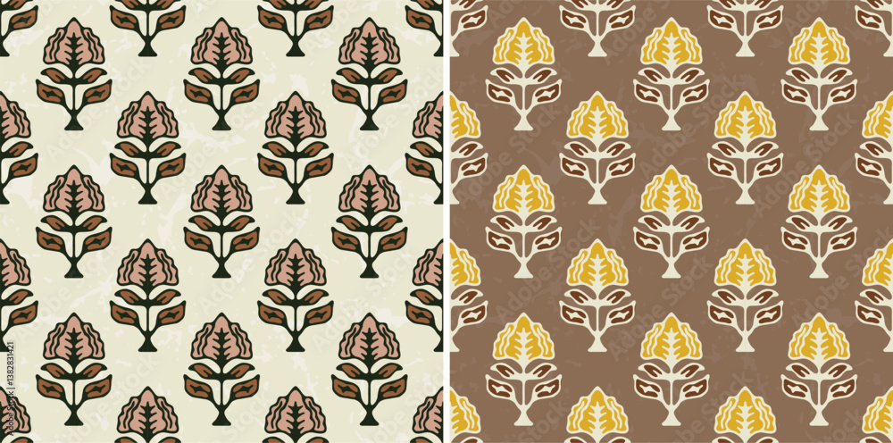 Ethnic Retro Leaf Block Print Repeat Vector Traditional Pattern Stock ...