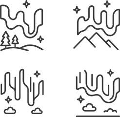 Aufkleber - Vector illustration of line icons depicting nature elements such as mountains, trees, and abstract landscapes in a minimalist style