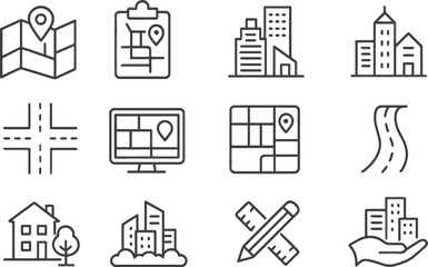 Leinwandbilder - Vector illustration of line icons representing urban planning and navigation concepts for efficient city development and design