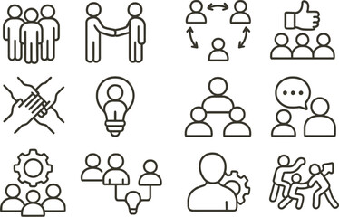 Aufkleber - Vector illustration of line icons depicting teamwork, collaboration, and communication concepts in a modern, minimalist style