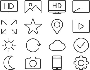 Wall Mural - vector illustration of line icons representing various multimedia elements and activities for digita