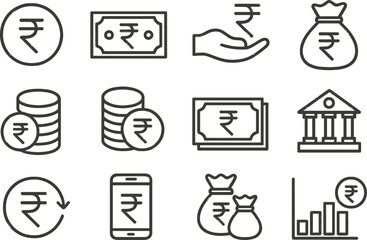 Poster - Line icons illustrating financial concepts including currency, banking, and transactions in a minimalist style