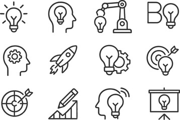 Poster - Creative idea generation symbols featuring light bulbs, gears, and rockets in a vector illustration format