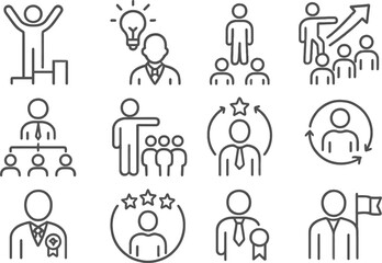 Poster - Vector illustration of line icons representing leadership, teamwork, and achievement concepts in a minimalist style