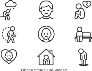 Poster - Vector illustration of line icons depicting various aspects of emotional wellbeing and mental health challenges during daily life experiences