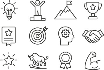 Poster - Vector illustration of line icons representing achievement, competition, and motivation for personal growth and success