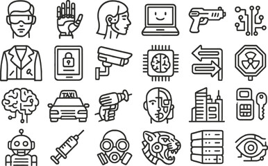 Leinwandbilder - Vector illustration of technology and robotics line icons depicting various elements of modern life and security systems