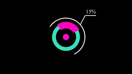 Abstract glowing progress bar motion indicator from 0 to 100 increasing percentage on black background. 4k video animation.