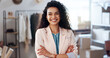 © peopleimages.com - Portrait, small business or woman with arms crossed, fashion company or designer with supply chain. Face, person or entrepreneur with smile, confidence or logistics with textile workshop or pride