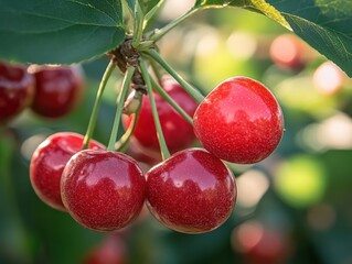 Close up of ripe red cherries hanging on a tree branch in summer garden fresh fruit harvest sweet delicious healthy food vibrant color sunny day