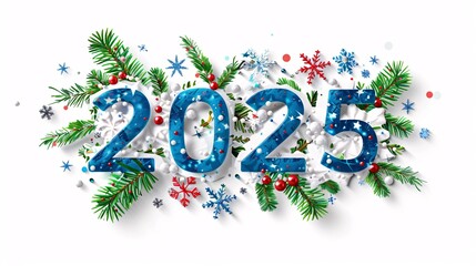 Aufkleber - New year 2025 sign with festive decorations on a white background