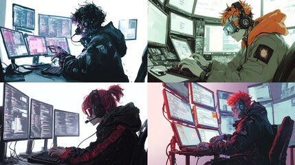 Four programmers working on multiple monitors.