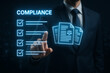 © Art_spiral - businessman using futuristic touchscreen interface to verify compliance with checklist and legal documents digital regulation control corporate standards and risk management process