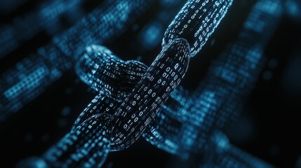 A dark background featuring a futuristic binary code link chain, symbolizing advanced technology and data connectivity.