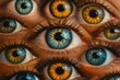 © Michael - Close-up of multiple open eyes with vibrant blue and gold irises, forming an intriguing and surreal pattern