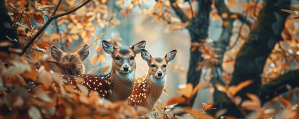 Poster - Three youthful deer camouflaged in the forest, peering through vibrant autumn foliage