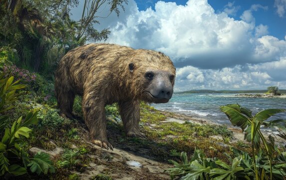 An alert eremotherium, a massive prehistoric ground sloth, surveys its lush, tropical surroundings from a rocky outcrop overlooking a tranquil lagoon and palm-fringed coastline