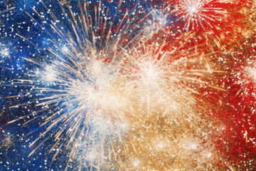 a shimmering gold glitter texture with dynamic fireworks exploding in vibrant red, blue, and yellow 