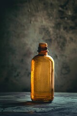 Poster - Brown glass bottle with condensation standing on a table with a dark background