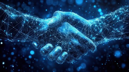 Aufkleber - A digital handshake is depicted against a blue technology background, featuring a connected network that symbolizes collaboration and connectivity.