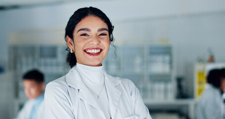 Aufkleber - Science, happy and portrait of woman in laboratory with confidence for medical research, innovation or analysis. Healthcare, biotechnology and scientist for vaccine, medicine development or discovery