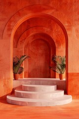 Poster - Contemporary interior with a staircase, terracotta walls, arches, and potted plants