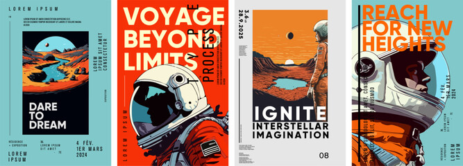 Wall Mural - space. astronaut. set of vector posters. typography design and vectorized illustrations on the backg
