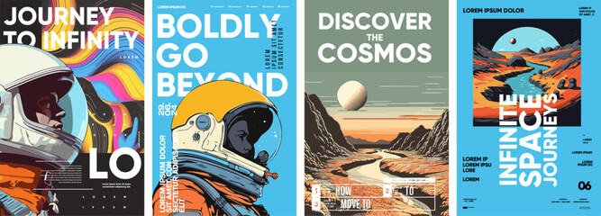 space. astronaut. set of vector posters. typography design and vectorized illustrations on the backg