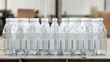 © Chaikit - Precisely wrapped collection of identical bottles, industrial shrink wrap texture details, professional product photography, factory floor aesthetic, environmental consciousness theme, clean