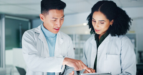 Poster - Tablet, discussion and scientists in laboratory at night for medical research with pharmaceutical discovery. Meeting, digital technology and science team with online report for healthcare innovation.