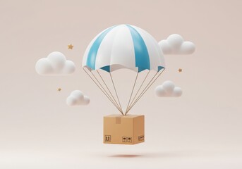 delivery box descending with a parachute amidst fluffy clouds and small stars in a pastel setting