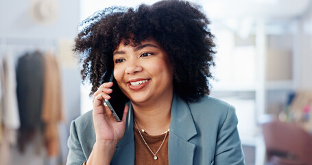 Poster - Fashion store, smile and woman with phone call at small business for online order, shipping information or delivery. Logistics, african person and talking to contact for dropshipping and supply chain