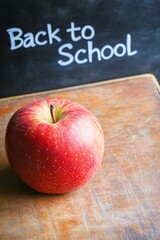 Poster - Red apple sitting on a desk with an out of focus blackboard with back to school written on it in the background