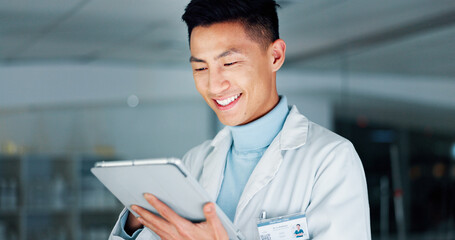 Aufkleber - Research, science and Asian man in lab, tablet and online reading with medical innovation. Person, scientist and expert in workplace, tech and email with results, internet or digital app with smile