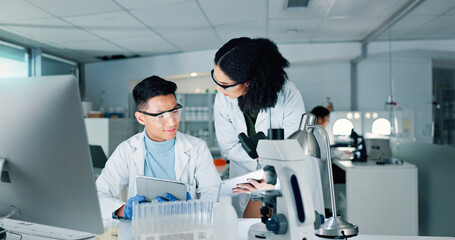 Aufkleber - Lab, science and people on tablet for meeting with medical research, discussion and teamwork. Healthcare, biotechnology and man and woman with equipment for sample, experiment and cure for vaccine