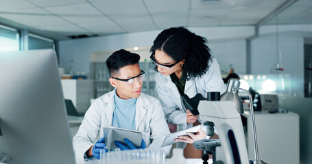 Aufkleber - Lab, science and people with microscope and tablet for medical research, meeting and teamwork. Healthcare, biotechnology and man and woman with equipment for sample, experiment and cure for vaccine