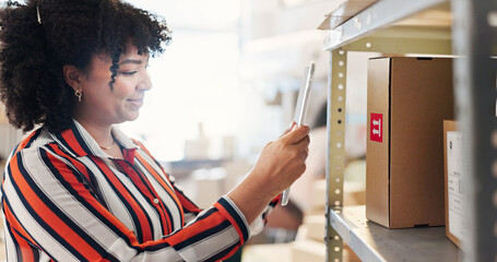 Aufkleber - Box, scanning and tablet with woman in logistics office for delivery or shipment tracking. Inventory, stock and supply chain with distribution employee in warehouse for export or import schedule