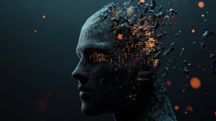 Disintegrating digital head, dark background, abstract concept art