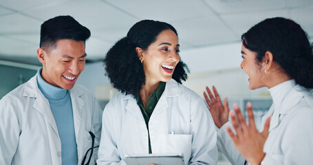 Poster - Laboratory, doctors and teamwork with tablet for discussion, medical research and laugh at night. Collaboration, scientists and people with tech for pharmaceutical review, medicine report and results