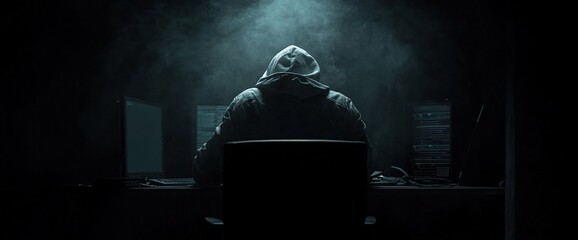 Mysterious hooded figure sits at a computer in a dark room, illuminated by a soft blue light, working late at night on coding projects.
