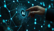 © Саша Федюк - A hand reaches out to touch a glowing AI icon surrounded by holographic networks and digital connections in a modern environment