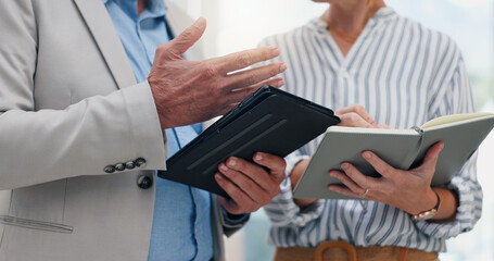 Aufkleber - Tablet, planning and teamwork with hands of business people in office for meeting, investment schedule and advisor. Finance report, budget review and partnership with employee writing in notebook